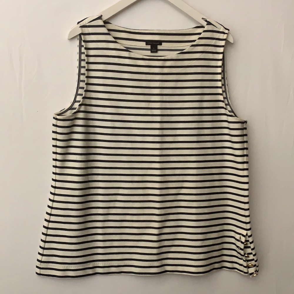 Ann Taylor Nautical Navy/Cream Gold Button Tank L
